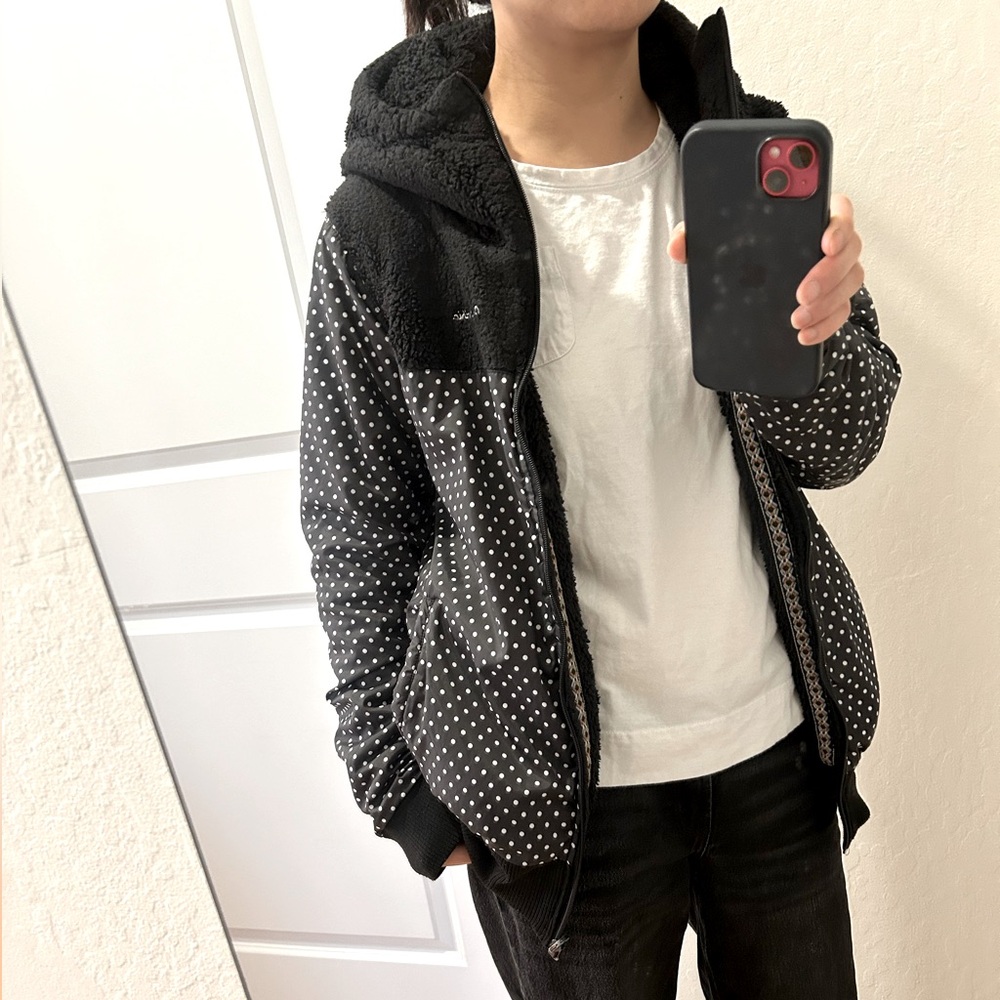OP Ocean Pacific Winter Jacket Hoodie reversible Black Dot Sherpa women M
